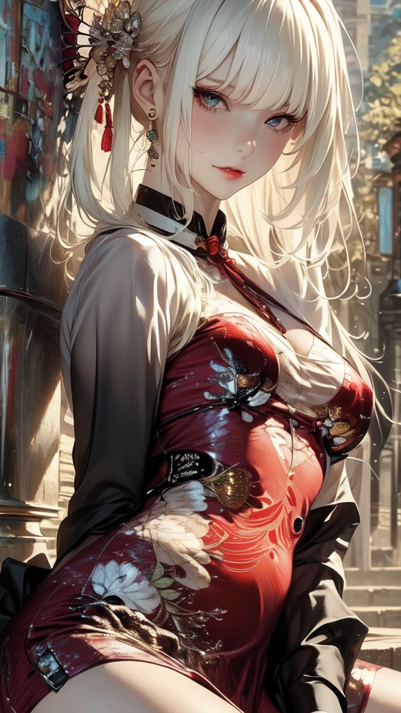 1 beautiful and attractive 20 year old girl, ((wearing an ultra-thin red dress with diamonds: 1.8)), ((long platinum hair: 1.6)), bangs, elaborate jewelry made from noble stones and beautiful hair, ( ( wearing a black lace necklace:1.4))), noble, aristocratic style of an extremely beautiful girl, super cute little face, very pretty face, thin eyebrows, beautiful face, flawless, ((black eye pupils: 0.8))), very pleasing to the eyes, ((light red eyes: 1.5)), beautiful makeup and hair, detailed eyelashes, eye makeup wet, high nose, earrings, red lips, ((closed mouth: 1;5 )) beautiful lips, slim hands, most beautiful thighs, rosy face, clean face, flawless beautiful face, fair skin smooth white skin, ((big breasts: 1.5)), ((high breasts: 1.6)), firm breasts, beautiful cleavage, (((big and super round: 1.8))), ((super tight breasts: 1.7 )), beautiful breasts, ((spreading shoulders: 1.5)), ((hiding 2 hands inside the skirt: 1.8)), beautiful breasts, thin black mesh stockings with black lace trim, perfect body, 8k photo , super high quality, hyper realistic, super 10x pixel, optical research, light studio, edge light, two tone light, (high detail skin: 1.2), super 8k, soft light, high quality, volumetric lighting, optical, optical high resolution, lighting, best photo, 4k, 8k quality, blur effect, smooth sharpness, 10 x pixels, ((background red flowers:1.7)), aurora, lightning, ultra-realistic graphics, the most realistic map drawing, alone, solo, extremely sharp, surreal images, girl's upper body, (((legs face-to-face capacity: 1.6)))."
