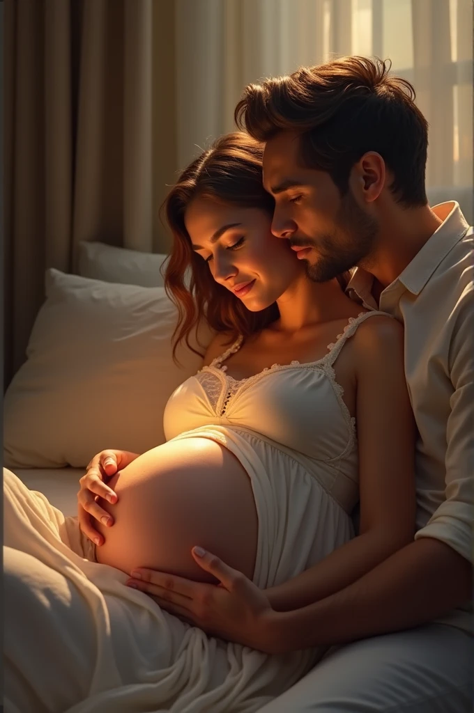 You might imagine an intimate and warm scene where the woman is sitting or lying comfortably, with her rounded belly clearly visible. Her husband is kneeling or leaning beside her, gently resting his head against her belly, his eyes closed or with a look of wonder. The lighting could be soft, creating a serene atmosphere that highlights the love and anticipation shared by the couple.