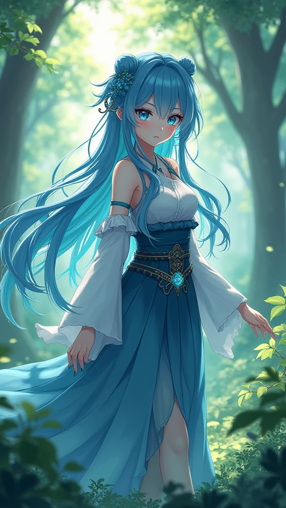 A beautiful girl with long flowing blue hair, striking blue eyes, delicate facial features, wearing a traditional Japanese outfit, Kaedehara Kazuha's signature outfit, standing in a lush, vibrant forest landscape, sunlight filtering through the trees, ethereal and mystical atmosphere, (best quality,4k,8k,highres,masterpiece:1.2),ultra-detailed,(realistic,photorealistic,photo-realistic:1.37),hyperdetailed,award winning,intricate,highly detailed,extremely detailed, exquisite detail, stunning, breathtaking, elegant, graceful, magical, dreamlike, fantasy, anime style, cinematic lighting, dramatic lighting, cinematic, vivid colors, warm colors, glowing, atmospheric, mystical, ethereal, beautiful detailed eyes, beautiful detailed lips, extremely detailed eyes and face, long eyelashes