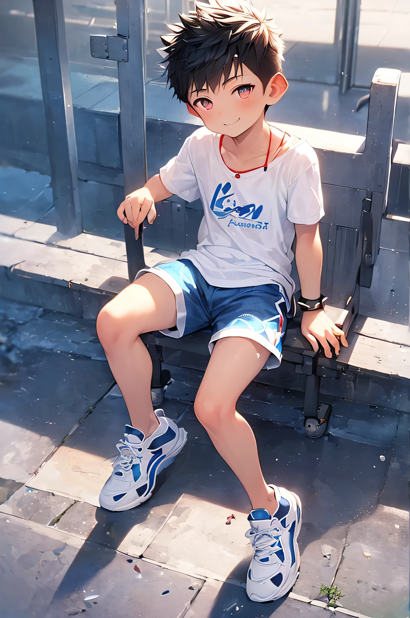 (Shota:1.5),(((Highest quality))),(((masterpiece))),(((Very detailed))),(((High resolution))),One person,Short sleeveＴshirt,Short shorts,White socks,Blue sneakers,Cheerful boy,Japanese,Buzz Cut,(((Spiked Hair))),Black Hair,(Point pupils),Skinny body,Baby Face,smile