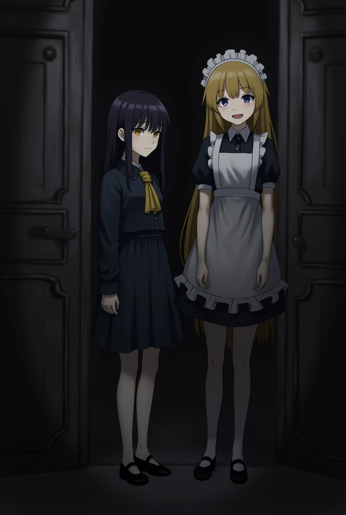 The photo is dark. There are 2 girls. The first girl stood inside and turned her head slightly, wearing a lady's outfit, black hair, yellow eyes, bangs, not smiling and looking sad. The second girl turned to face me, wearing a maid outfit, blonde hair, blue eyes and a bright smile.