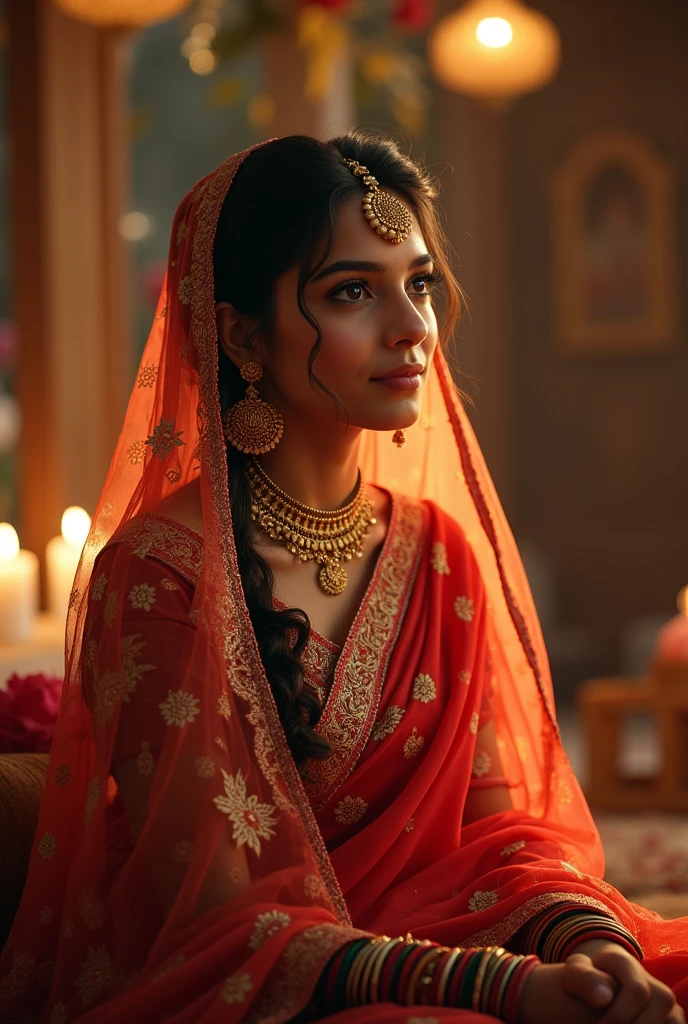 A 20 years old indian girl wearing saree in sitting in a wedding night