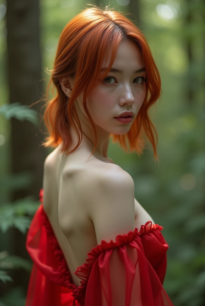 25 year old woman with waist length copper colored hair, White skin, green eyes, full frame in the forest, back view, bald tail, Passion, lust, full length, in a transparent red robe, From top to bottom, Breast exposure, nude body, beautiful detailed eyes, beautiful detailed lips, extremely detailed eyes and face, long eyelashes, high quality, 8 thousand., hyperrealistic, photorealistic, physically based rendering, bright colors, studio lighting, complex parts