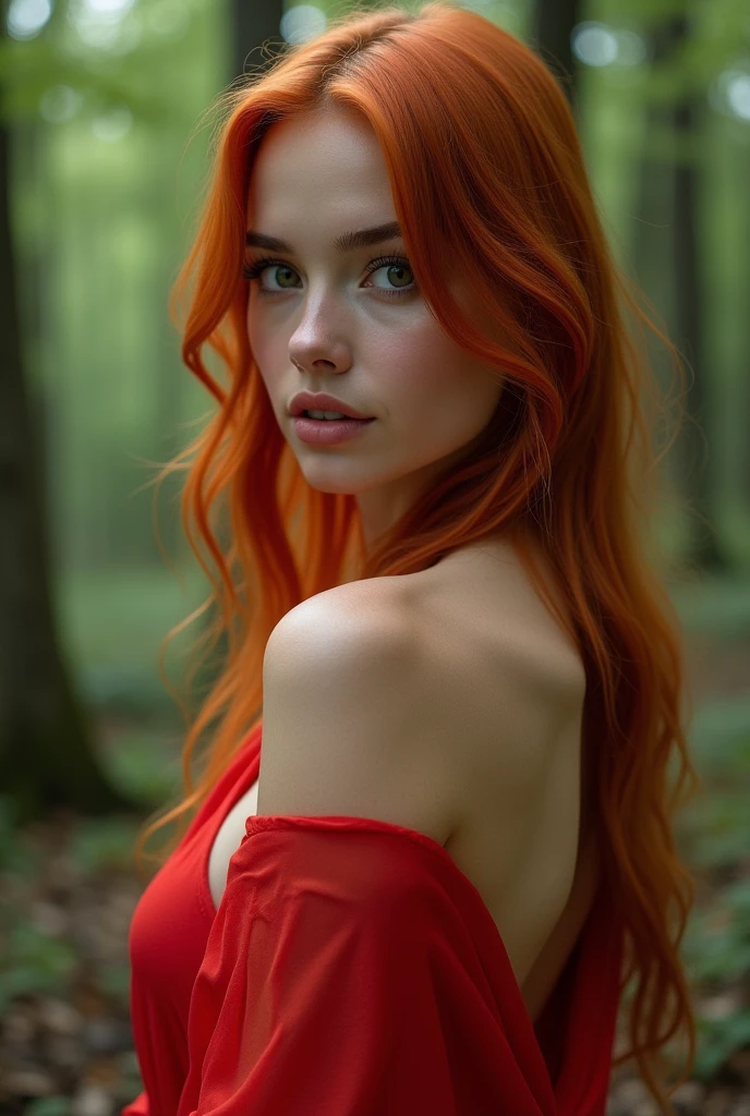 25 year old woman with waist length copper colored hair, White skin, green eyes, full frame in the forest, back view, bald tail, Passion, lust, full length, in a transparent red robe, From top to bottom, Breast exposure, nude body, beautiful detailed eyes, beautiful detailed lips, extremely detailed eyes and face, long eyelashes, high quality, 8 thousand., hyperrealistic, photorealistic, physically based rendering, bright colors, studio lighting, complex parts