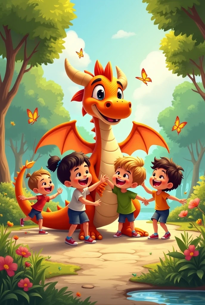 Generate a cartoon image of 4 year old kids playing with dragon in park joyfully