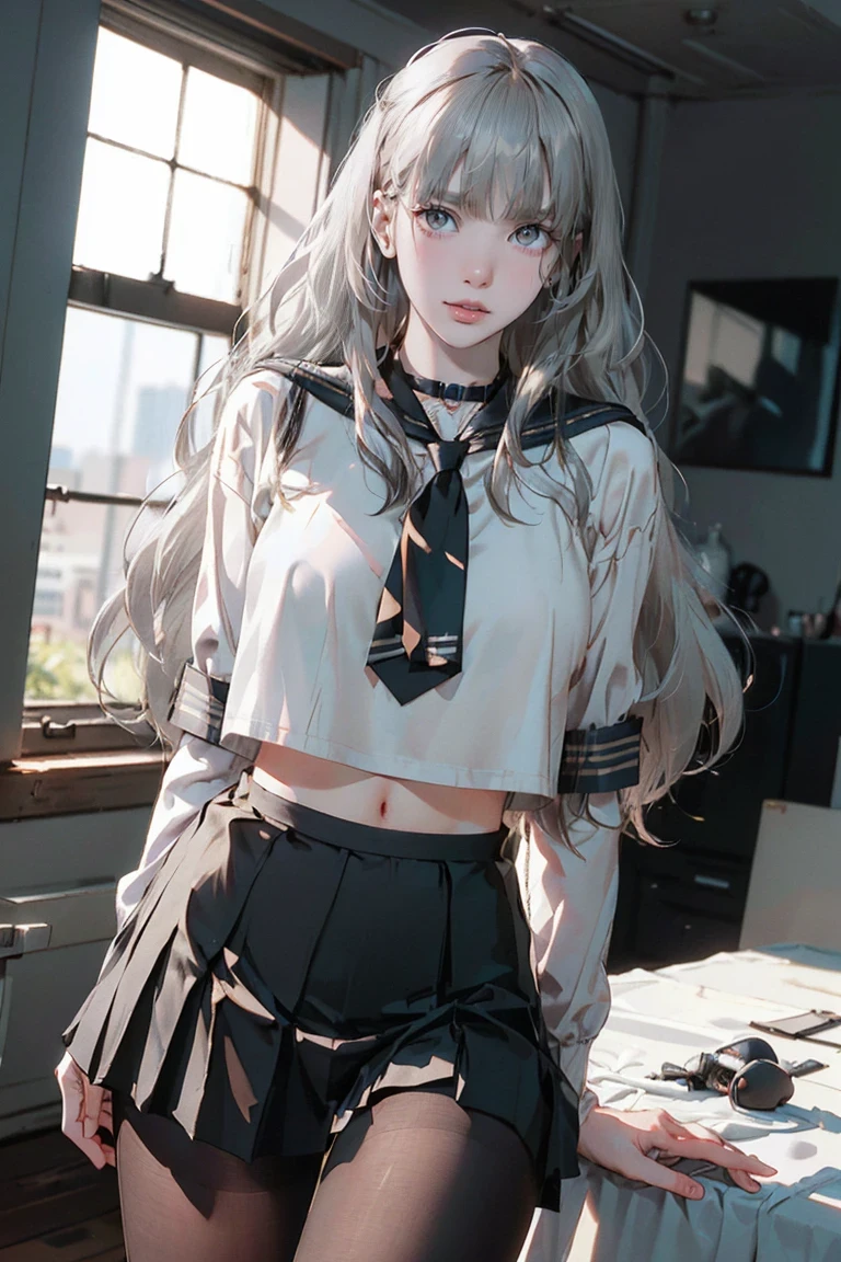 ((See-through),(Sailor collar uniform),shirt, Pleated skirt,(Black Pantyhose),[:(Detailed face:1.2):0.2], RAW Photos, (masterpiece), (Highest quality), High resolution, (Realistic, photo-Realistic:1.2), Super detailed, Physically Based Rendering, One person, Air Van, Long Hair, (Silver Hair), Wavy Hair,Large Breasts,NSFW