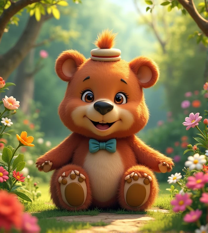 Imagine a lifelike bear with humorous exaggerated features, oversized, wearing cute clothes, bright eyes and curiosity, smiling, positive image, smiling bear, Disney style, capturing natural textures, and although its little PAWS are slightly larger, they are cuter. The background is a simple garden with an emphasis on natural colors and some greenery to create vibrant colors
