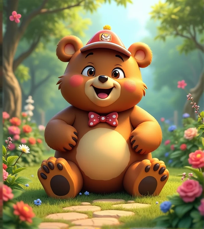 Imagine a lifelike bear with humorous exaggerated features, oversized, wearing cute clothes, bright eyes and curiosity, smiling, positive image, smiling bear, Disney style, capturing natural textures, and although its little PAWS are slightly larger, they are cuter. The background is a simple garden with an emphasis on natural colors and some greenery to create vibrant colors