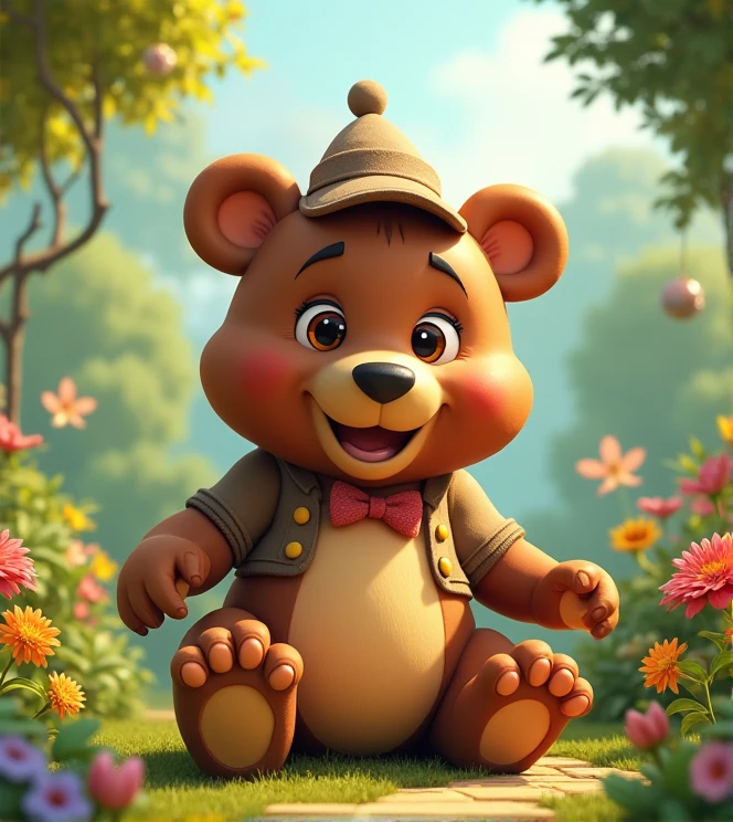 Imagine a lifelike bear with humorous exaggerated features, oversized, wearing cute clothes, bright eyes and curiosity, smiling, positive image, smiling bear, Disney style, capturing natural textures, and although its little PAWS are slightly larger, they are cuter. The background is a simple garden with an emphasis on natural colors and some greenery to create vibrant colors