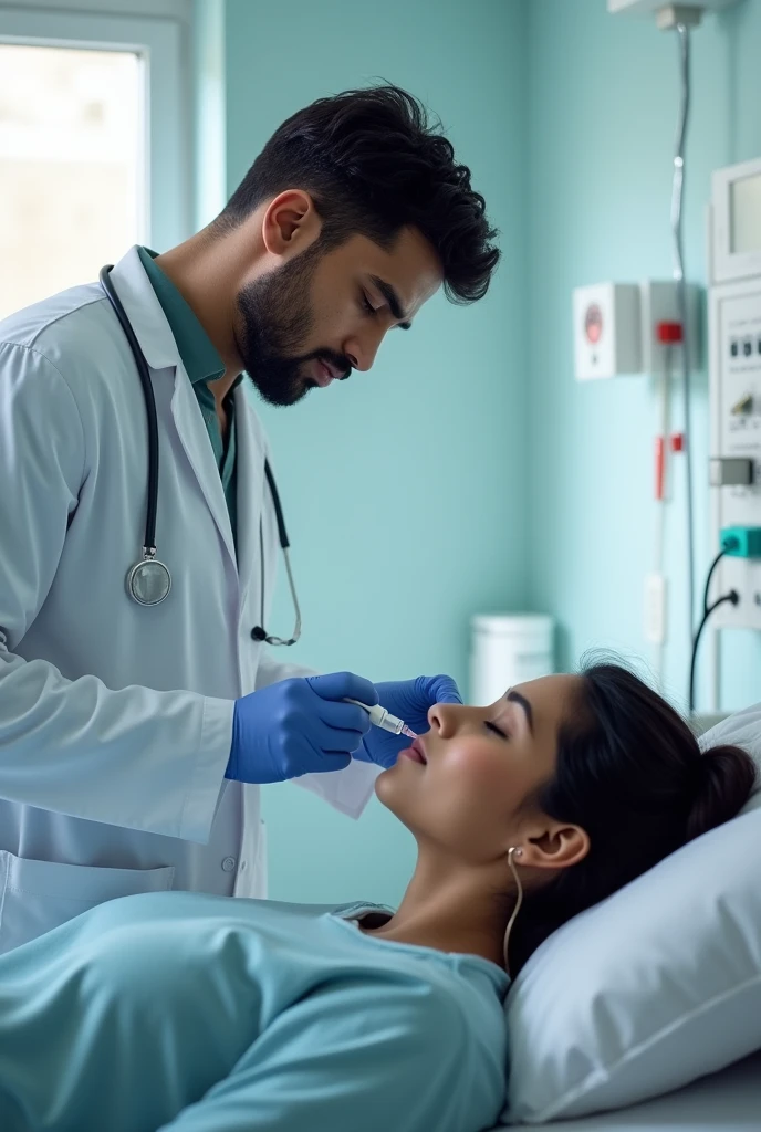 A 30 years Indian male doctor is giving injection to the Indian female patient. Patient is sleeping on hospital bed. Doctor side view should be displayed.