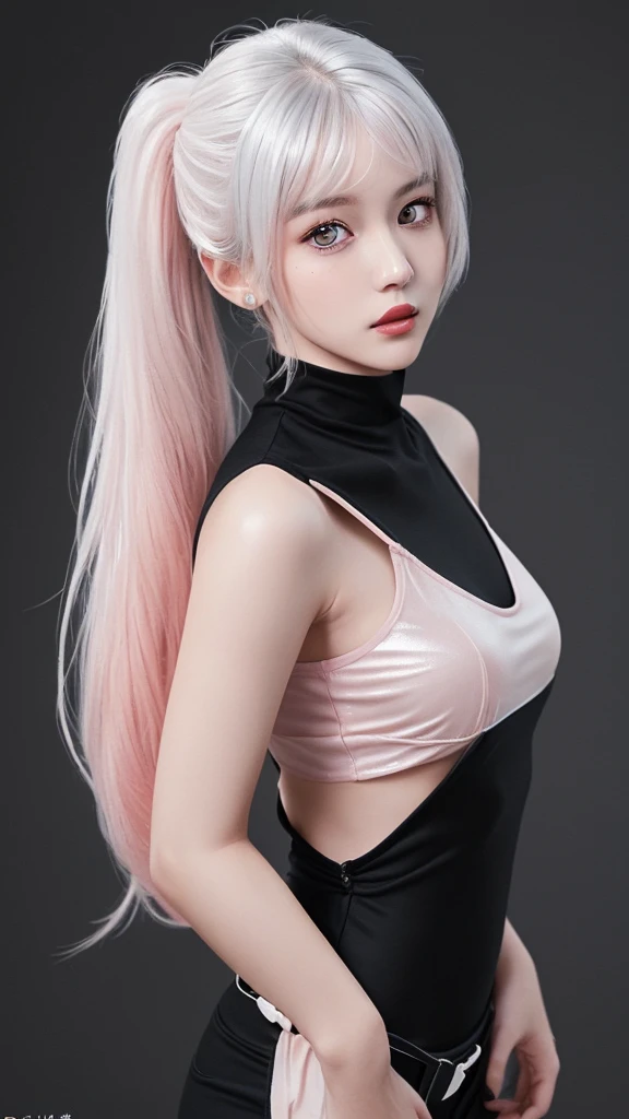8k ultra-clear picture quality, tall, pink long hair, delicate facial features, fair skin, double eyelids, full chest, pear-shaped body, long legs, white tight top, crop top, black short skirt, realistic, live-action photo texture hyper-realistic beauty. --auto --s2
