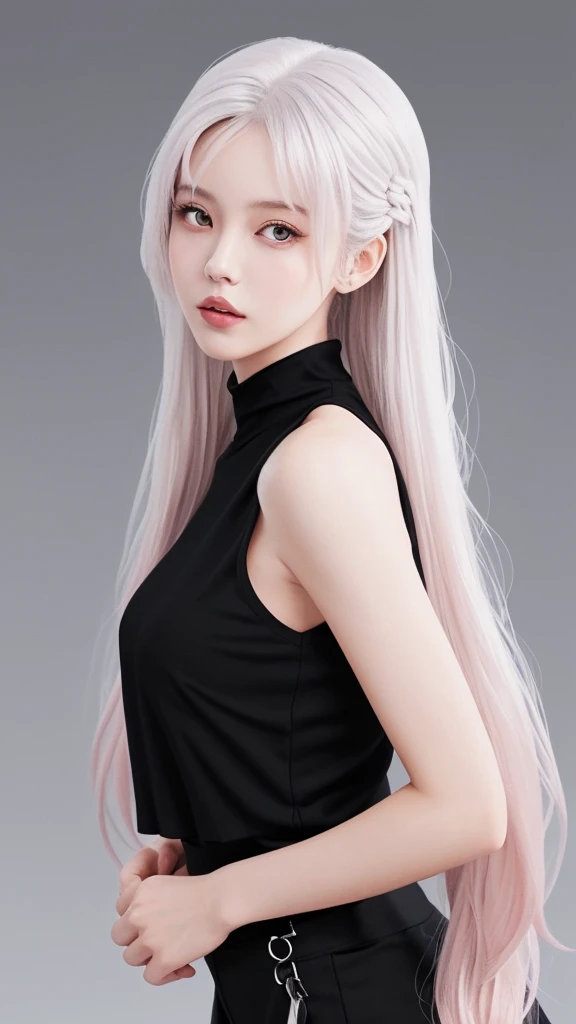 She has long silver hair、Has twin-tail hairstyle。Her hair is in loose waves.、The bangs are straight and cover the forehead.。The skin is white and smooth、Lips are pale pink and shiny。Her expression is cool、She is looking down slightly.、Lips slightly open。The outfit is a tight black top.、The see-through material emphasizes the sexiness.。Overall, this character has an elegant and mysterious atmosphere.。

The background is bright pink、The contrast with her chic black outfit is striking.。