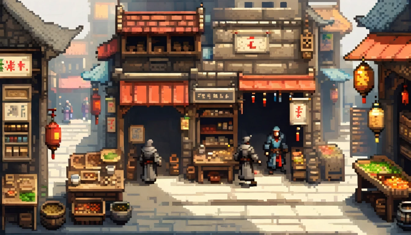 Pixel艺术, Pixel艺术场景:A bustling medieval market, Lively stalls, Vivid characters, Realistic textures, 关注每个Pixel的细节, Reminiscent of 16-bit RPG games, Shot with Nikon D3, Focal length 35mm HD 2D Pixel艺术 :: Pixel风格 :: Pixel