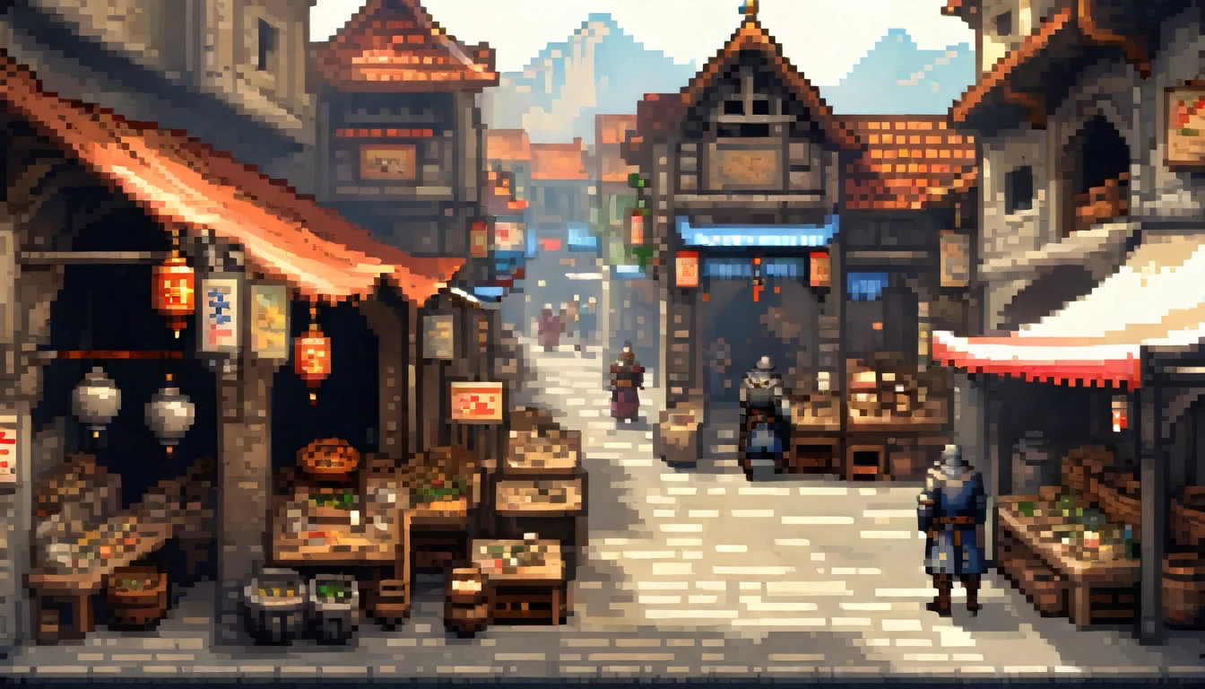Pixel艺术, Pixel艺术场景:A bustling medieval market, Lively stalls, Vivid characters, Realistic textures, 关注每个Pixel的细节, Reminiscent of 16-bit RPG games, Shot with Nikon D3, Focal length 35mm HD 2D Pixel艺术 :: Pixel风格 :: Pixel