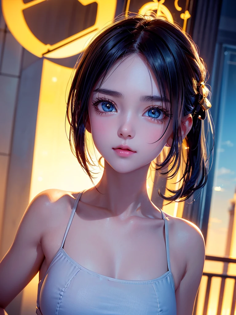 One Girl，(1人のとてもcute:1.3)，masterpiece，Highest quality，High resolution，From below，Low - Angle，Photorealistic，RAW Photos，Ray Tracing，Physically Based Rendering，beautiful girl，(:1.3)，cute，Big eyes，(detailed pupils:1.2)，(The face is facing straight ahead:1.3)，Body facing forward，Beautiful nose，High nose，Upturned nose，Fuller lips，Short black hair，ponytail，short hair，Detailed eyelashes，Thin eyebrows，Very fine grain definition，(Symmetrical eyes，Golden Ratio:1.3)，(Face close-up，Face Focus:1.0)，Small breasts，Short neck，White swimsuit，White Bikini，Ocean，Southern Island，Blue sky，White cloud，Portrait，View Viewer，Upper Body，Cinema Lighting，High resolution，Very detailed