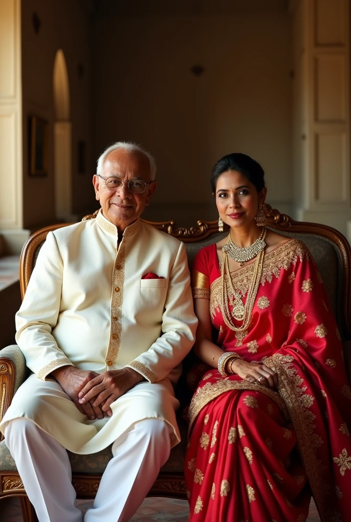 A DSLR photo of a 50-year-old Indian king and queen of a dynasty. The king is wearing a white kurta with a gold border. The queen is wearing a red saree with gold embroidery. They are sitting on chairs and looking camera.They are sitting inside the palace. The image has natural lighting.