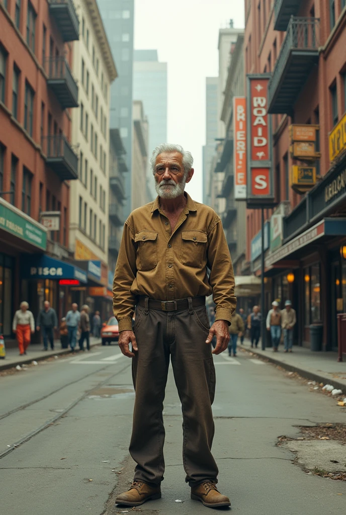 (photorealism:1.2), old man wearing worker clothes in downtown city from 1970