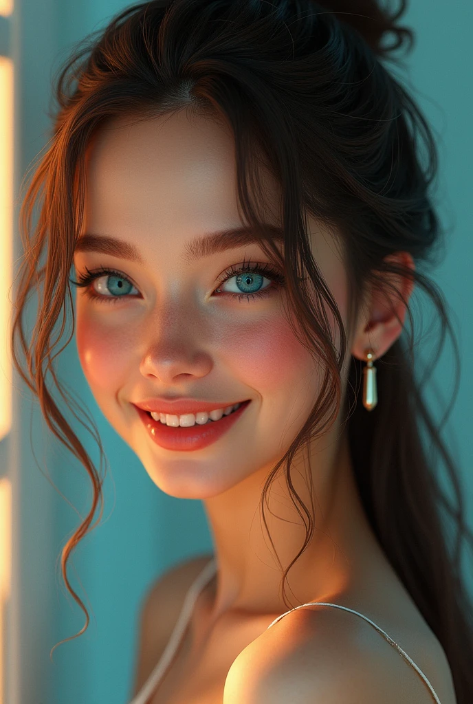 1girl, Smile, Long Hair, Breasts, Blue eyes, Hair Between Eyes, Ponytail, Earrings, POV, Abstract, Art Deco, Award Winning, Quality, UHD, Brown Hair, Crescent Earrings, Saliva, Drooling, Dutch Angle, Hair Ornament, Depth Of Field, Emphasis Lines, Chromatic Aberration, 3D Rendering,