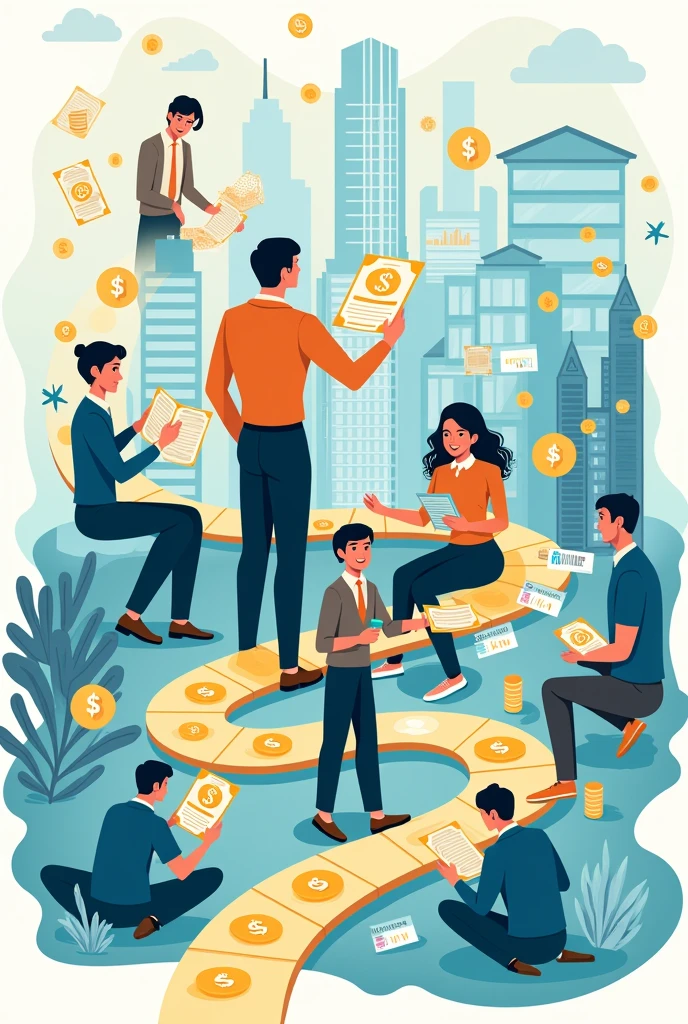 Generate an image of make a poster about flow of money, transferring of money, managing and budgeting, assessment, firm decisions, income, spending, savings, protection (health insurance, life insurance), and investment under personal finance.
