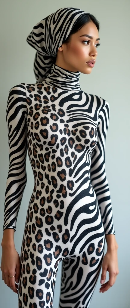 a beautiful and thinest malaysian muslim adult girl wears white leopard print lycra turtleneck unitard catsuit covered with zebra stripes and always wear leopard print lycra dancewear hijab covered with zebra stripes.