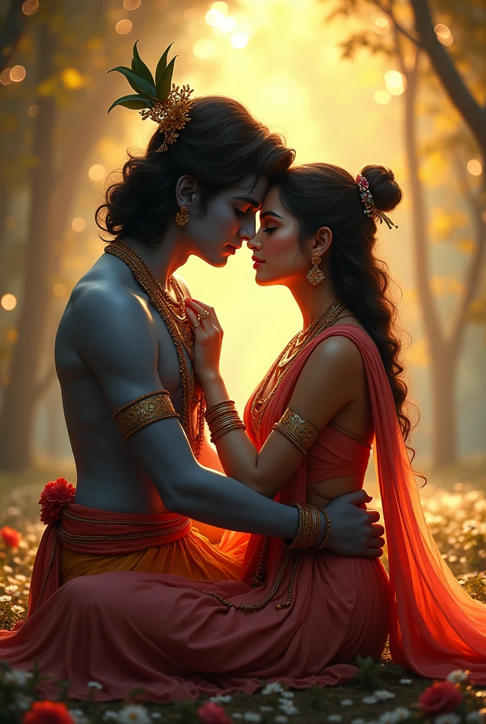 Radha is  lord  krishna men ,radha sit on krishnas thais  
pose . Hug pose , side by side
Long shot


,both clear faces back colur