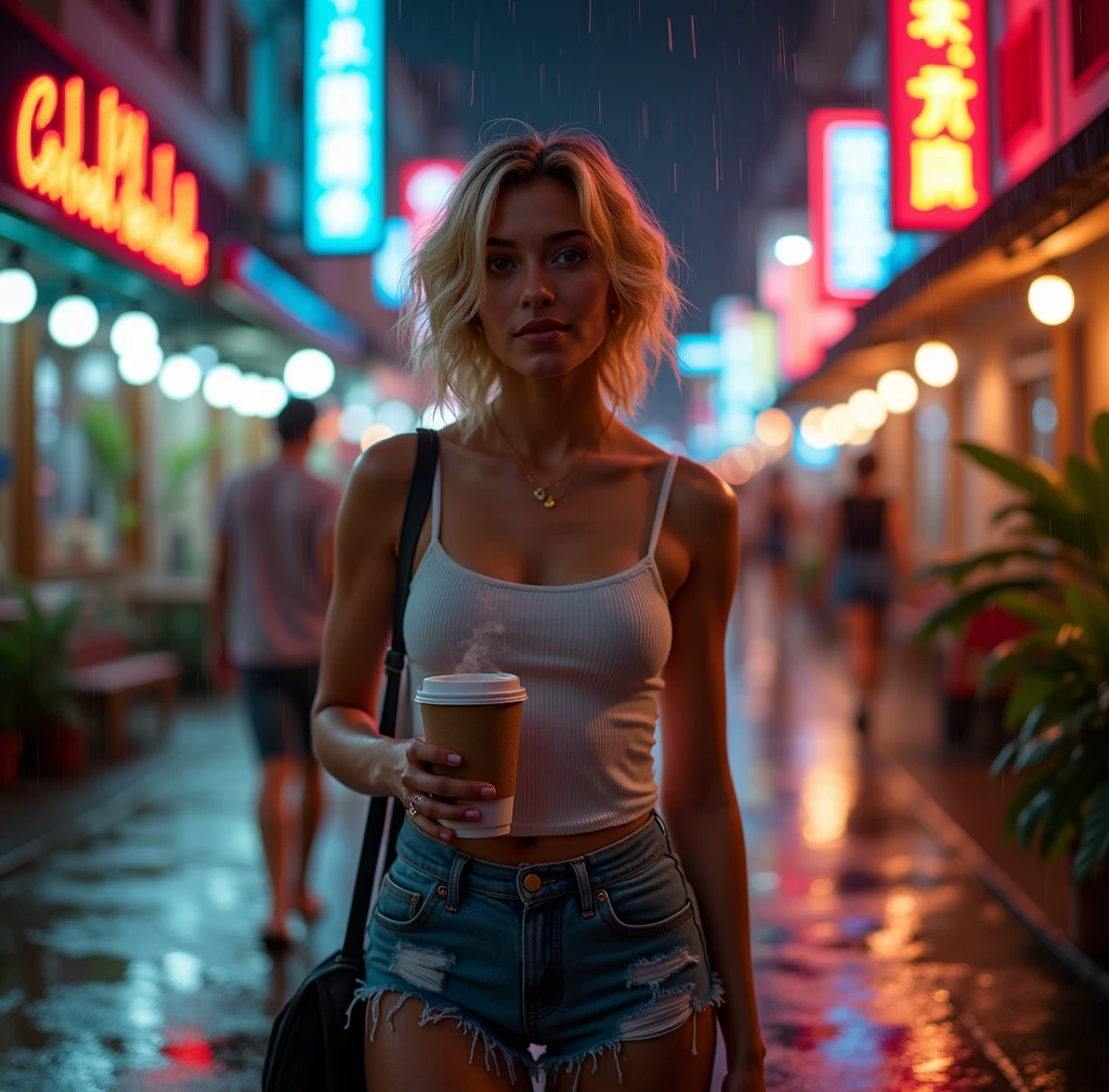 beautiful woman,  blonde girl with short wavy hair and medium breasts On a rainy night in the city, a tall, slim young woman with a medium chest and short wavy blonde hair walks down a vibrant street, lit by colored neon lights that reflect their light in the puddles at her feet. Wet pavement glistens under the twinkling lights of shop and café signs, creating a cityscape full of life and contrasts. The rain falls gently, lightly soaking her hair and sliding down her exposed skin.

He wears denim shorts that fit his legs, and a tank top that leaves his shoulders and arms exposed. Her light, casual clothes stick to her body due to the humidity, but she seems to enjoy the coolness of the night, walking around with a carefree and confident attitude. In one hand she holds a steaming cup of coffee, the warmth of which contrasts with the cool, humid environment that surrounds her. realistic