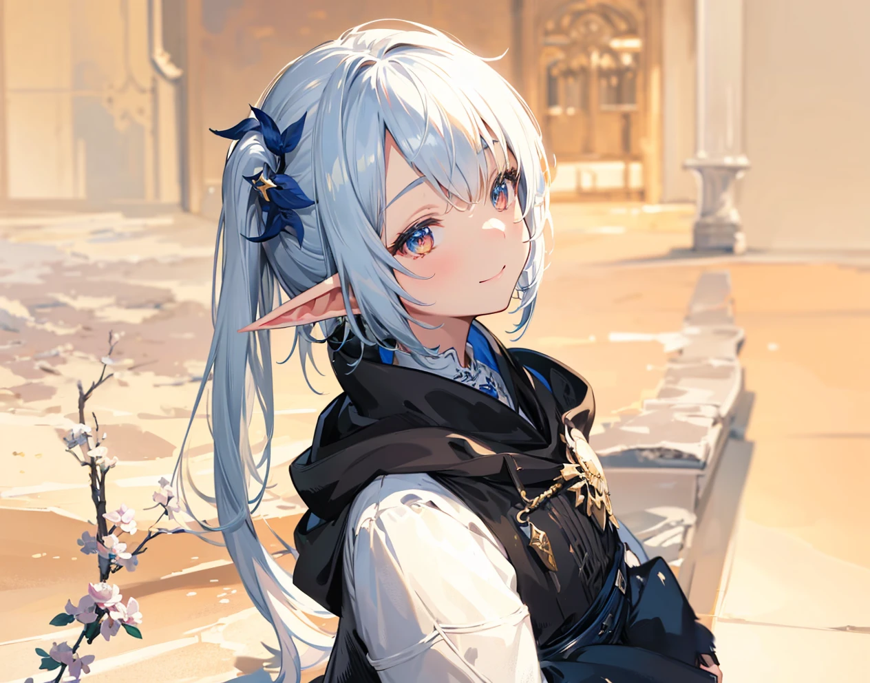 One person, solo, smile, Final Fantasy XIV, ffxiv, anime, cute, child, Child, Elf, long ears, Blue and white, Pointy Ears, accessories, リボンヘアaccessories, Hood worn, anime風, anime, Long pointed ears, Side Ponytail, High resolution,
