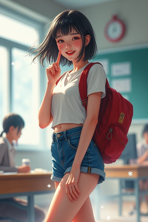 ((best quality)), ((masterpiece)), (detailed), ,{{{{172cm}}}},{{{{{tall girl}}}}},{{{very long legs}}}, official style,close mouth,game cg, bare arms, long hair,brown eyes,brown hair,medium breasts, navel,backpack,red randoseru,classroom,denim shorts,upper body,finger to mouth,best quality, amazing quality, very aesthetic, absurdres,dynamic pose,wind,Dutch angle,light on face,watercolor,{{{real CG photography texture}}},oily skin,real body,realistic skin texture,detailed background,depth of field,[[laughing eyes],[[Dutch angle]],looking at viewer,jitome,[[upper body]],winter,lens flare,steam,bokeh, best quality, amazing quality, very aesthetic, absurdres, best quality, amazing quality, very aesthetic, absurdres, best quality, amazing quality, very aesthetic, absurdres
