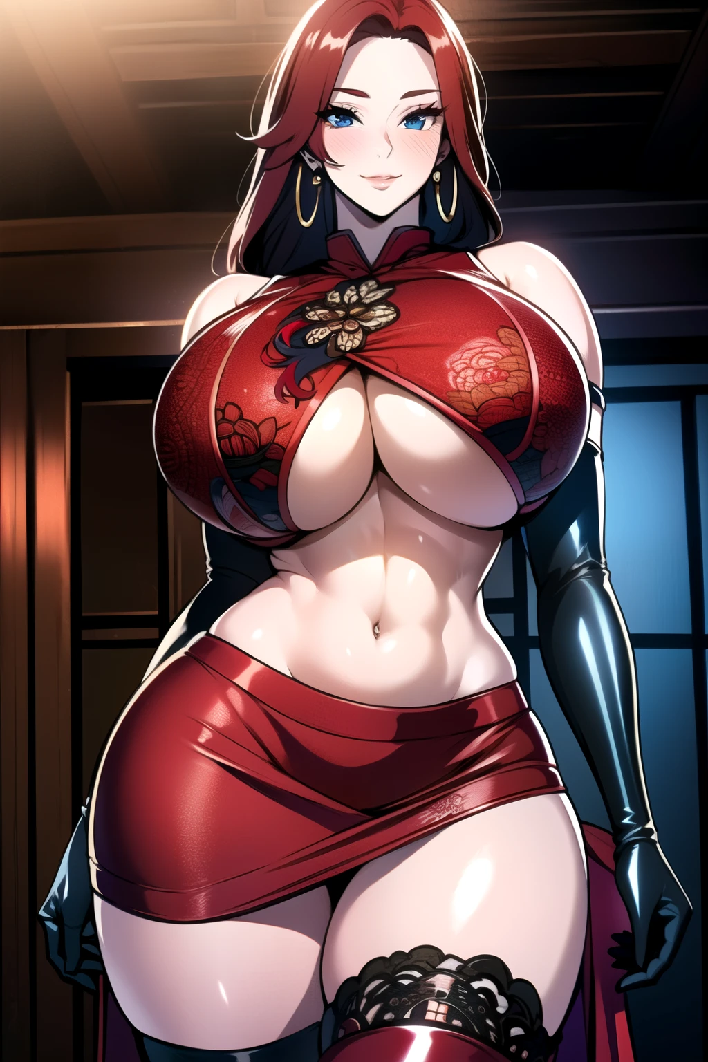 ultra realistic 8k cg, masterpiece, ((ultra detailed background, intricate detail, highly detailed, fine details best quality, hyperdetailed face)), gigantic breasts ,beautiful lighting, absurdres, BoaHancockV2, 1girl, solo, (red hair : 1.1), long hair, jewelry, closed mouth, ), cleavage, (chinese dress : 1.1), (underboob : 1.4), elbow gloves, thigh boots, miniskirt, bare shoulders,, bare shoulders, curvy, midriff, curvy, thighs, shiny clothes), blue eyes, complex detailed background, indoor, palace), ((cowboy shot)), curvy, (gigantic breasts: 1.1), seductive smile, cowboy shot, earrings, jewelry