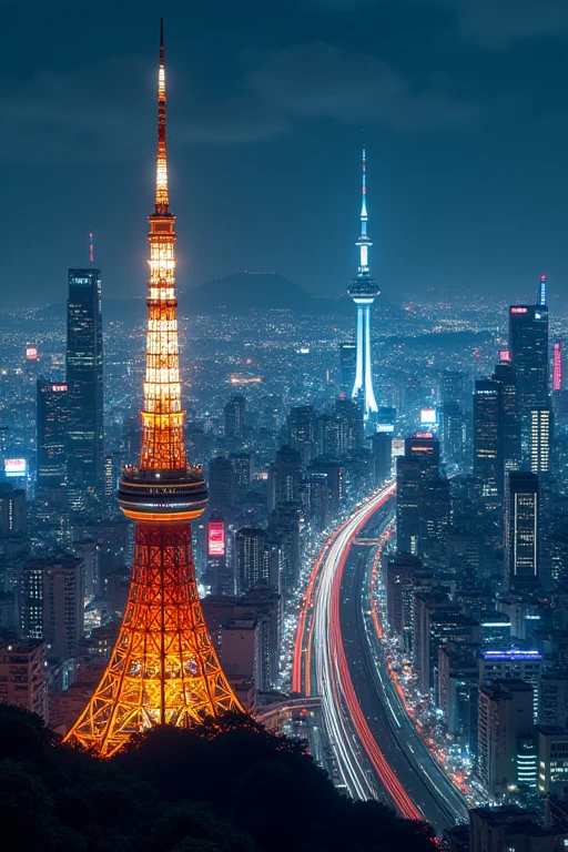 Cyber city, Tokyo Tower and Tokyo Skytree, big city, highway, night view from Mt. Fuji with pass