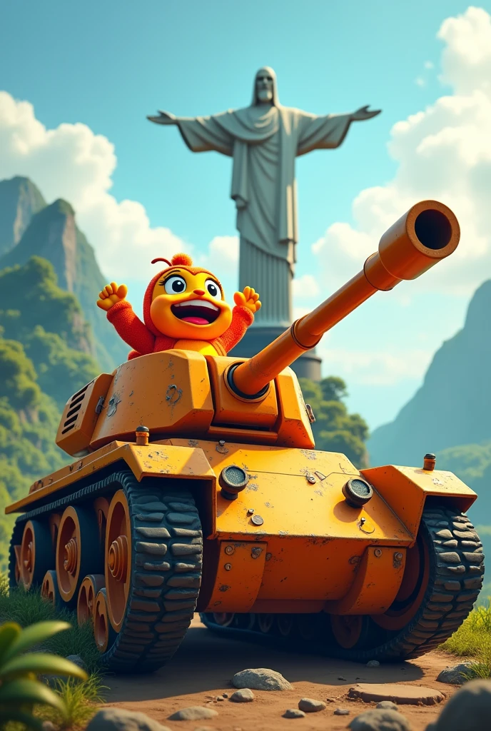 Shopee mascot inside an orange war tank happy to have won a war against a backdrop of Rio de Janeiro Christ the Redeemer