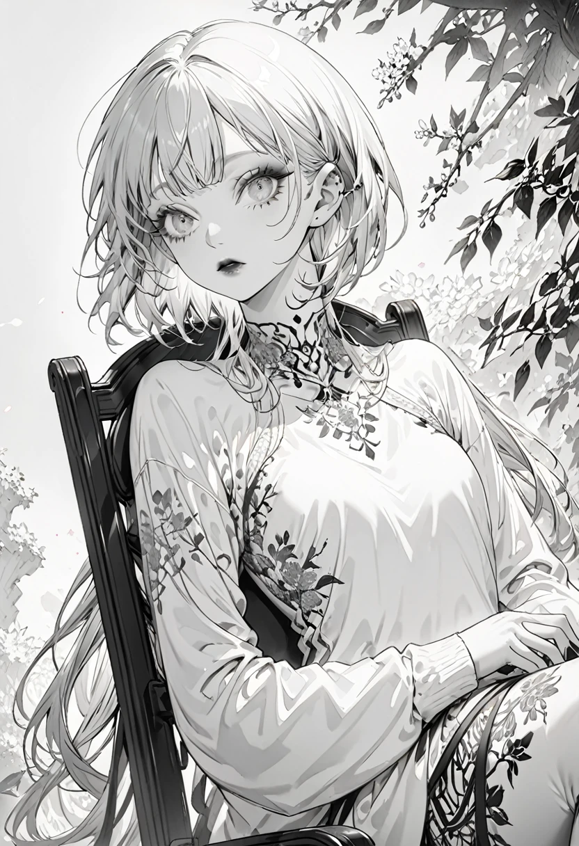 Black ink on white paper、monochrome、(Highest quality,Very detailed,High resolution:1.2),Slim albino girl,Gray-haired berry shorthair,gray bangs,very_Long eyelashes, Detailed lips, Cool look, Soft Skin, Shiny Hair,Exquisite makeup,Sitting in a chair,Neck tattoo,Shooting from below