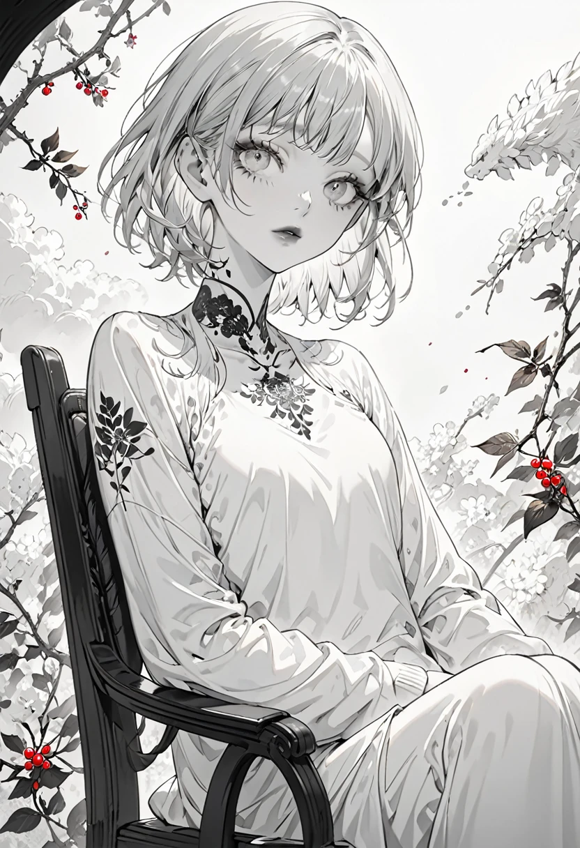 Black ink on white paper、monochrome、(Highest quality,Very detailed,High resolution:1.2),Slim albino girl,Gray-haired berry shorthair,gray bangs,very_Long eyelashes, Detailed lips, Cool look, Soft Skin, Shiny Hair,Exquisite makeup,Sitting in a chair,Neck tattoo,Shooting from below