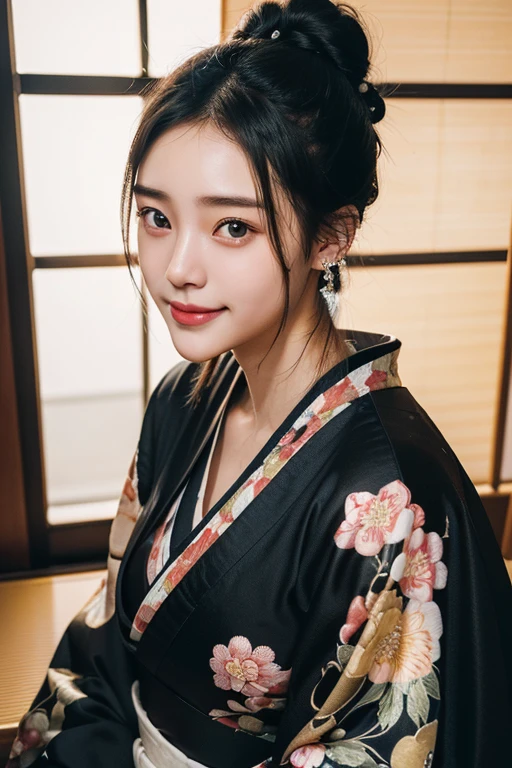 (22 year old Japanese beautiful girl,), (Small perfect breasts,:1.5,),(solo,Textured skin, Detailed skin,Detailed face,Detailed eyes,detailed posing,Natural eyebrows,High detail, Highest quality, Super detailed, Surrealism, ,8k,RAW Photos,Photographicism,Professional Lighting,Ray Tracing,Aperture F1.2,Portrait Photography,Natural Light),(((Black Hair, Natural Makeup,Simple earrings,Bun Hair, accessories, A seductive smile, ))),(((kimono,kimono,Japanese-style room,Round Shoji Window,seiza)))