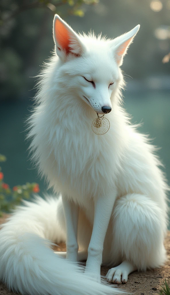 a beautiful white fox with 5 tails from Asian culture, holds an object in her teeth and sweetly closed her eyes with Have a nice