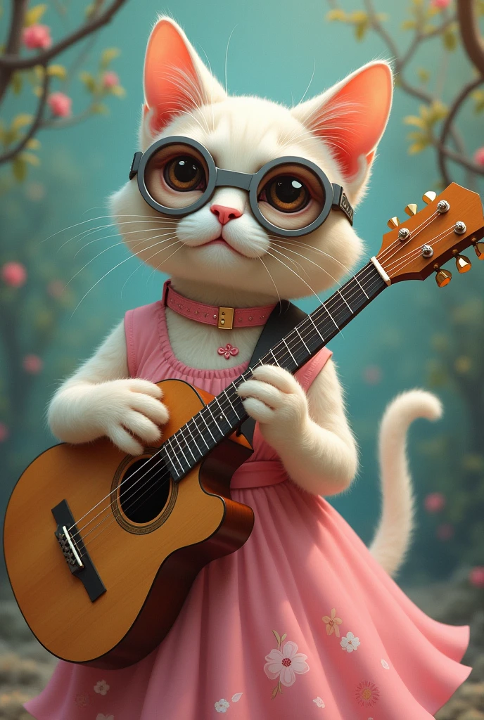 Cat wearing pink dress with grey goggles and playing guitar