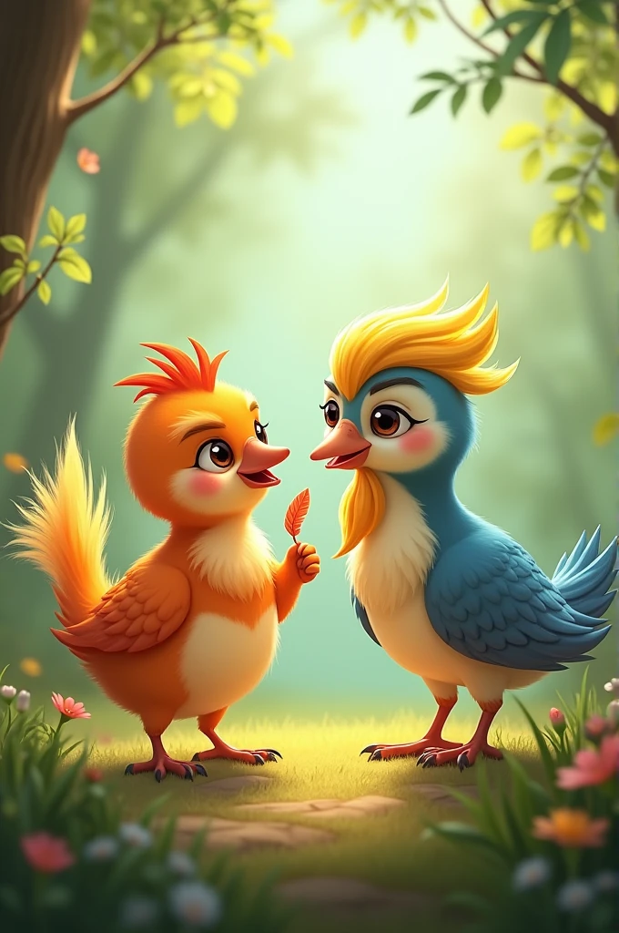Dialogue:**
Chirpy: "Hello! Is this your feather?"
Royale: "Oh, thank you! I thought I'd lost it forever. My name is Royale."
Chirpy: "I'm Chirpy. Nice to meet you!"
Royale: "Thank you for finding my feather. Let's be friends!"
Chirpy: "I'd love that!"
**Scene 5:**
*Chirpy and Royale enjoy their mornings together.*