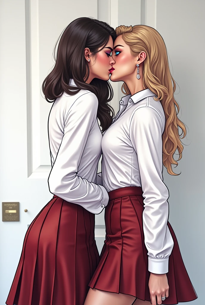 Two Indian lesbian women age 32 big breast curvy sexy bodies blue eyes wearing short skirt kiss each other,4k ultra HD masterpiece