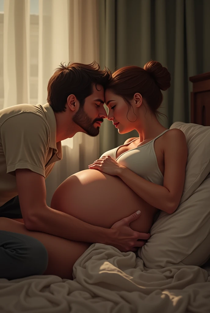 You might imagine an intimate and warm scene where the woman is sitting or lying comfortably, with her rounded belly clearly visible. Her husband is kneeling or leaning beside her, gently resting his head against her belly, his eyes closed or with a look of wonder. The lighting could be soft, creating a serene atmosphere that highlights the love and anticipation shared by the couple.