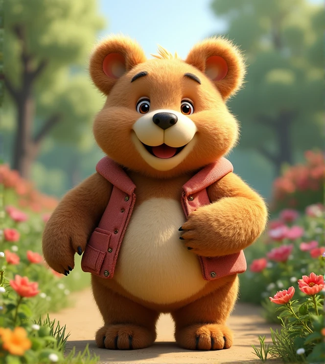Imagine a lifelike bear with humorous exaggerated features, oversized, wearing cute clothes, bright eyes and curiosity, smiling, positive image, smiling bear, Disney style, capturing natural textures, and although its little PAWS are slightly larger, they are cuter. The background is a simple garden with an emphasis on natural colors and some greenery to create bright, fuzzy colors
