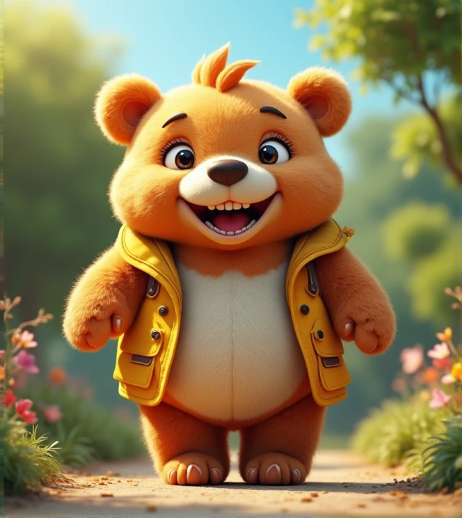 Imagine a lifelike bear with humorous exaggerated features, oversized, wearing cute clothes, bright eyes and curiosity, smiling, positive image, smiling bear, Disney style, capturing natural textures, and although its little PAWS are slightly larger, they are cuter. The background is a simple garden with an emphasis on natural colors and some greenery to create bright, fuzzy colors