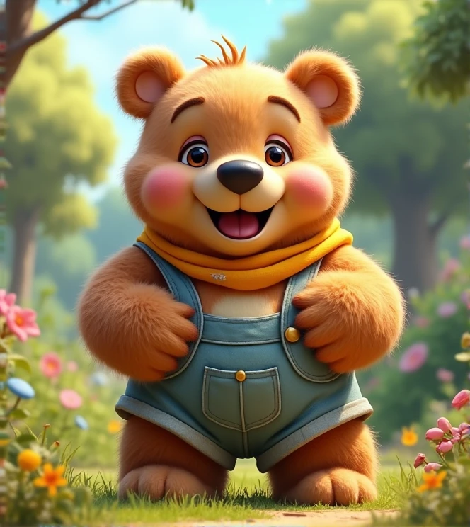 Imagine a lifelike bear with humorous exaggerated features, oversized, wearing cute clothes, bright eyes and curiosity, smiling, positive image, smiling bear, Disney style, capturing natural textures, and although its little PAWS are slightly larger, they are cuter. The background is a simple garden with an emphasis on natural colors and some greenery to create bright, fuzzy colors