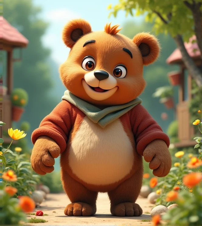 Imagine a lifelike bear with humorous exaggerated features, oversized, wearing cute clothes, bright eyes and curiosity, smiling, positive image, smiling bear, Disney style, capturing natural textures, and although its little PAWS are slightly larger, they are cuter. The background is a simple garden with an emphasis on natural colors and some greenery to create bright, fuzzy colors