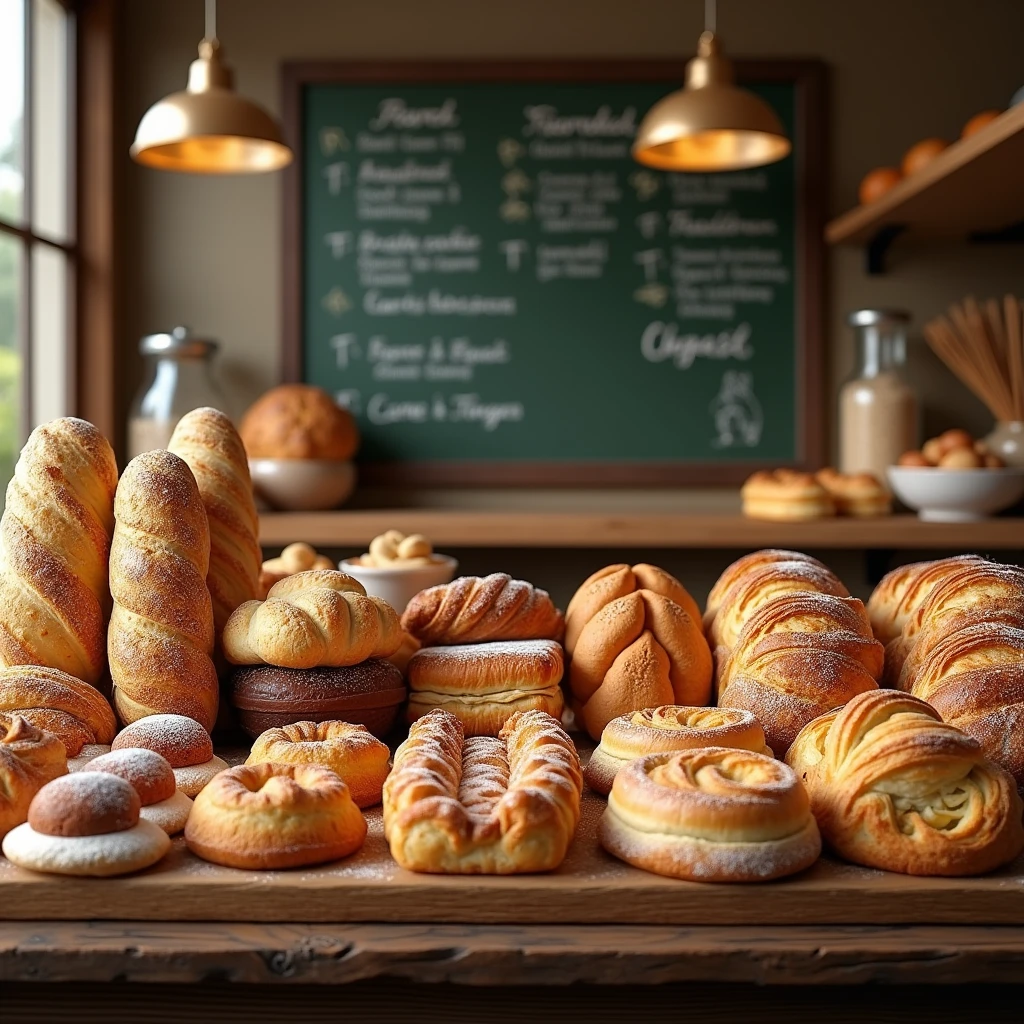 A beautifully arranged display of assorted baked goods, with a rustic wooden counter and chalkboard menu.