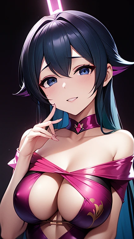 erotic、Urusei Yatsura Ram、tall、 mature, Married women, Purple shiny latte-style one-piece swimsuit、Off the shoulder、邪evilな女戦闘員, Pink and black background, Pitch-dark bedroom, Dark Theme, evil, lure, excited, A condescending grin, Lightly open your mouth、Sexy pose, Upper Body,