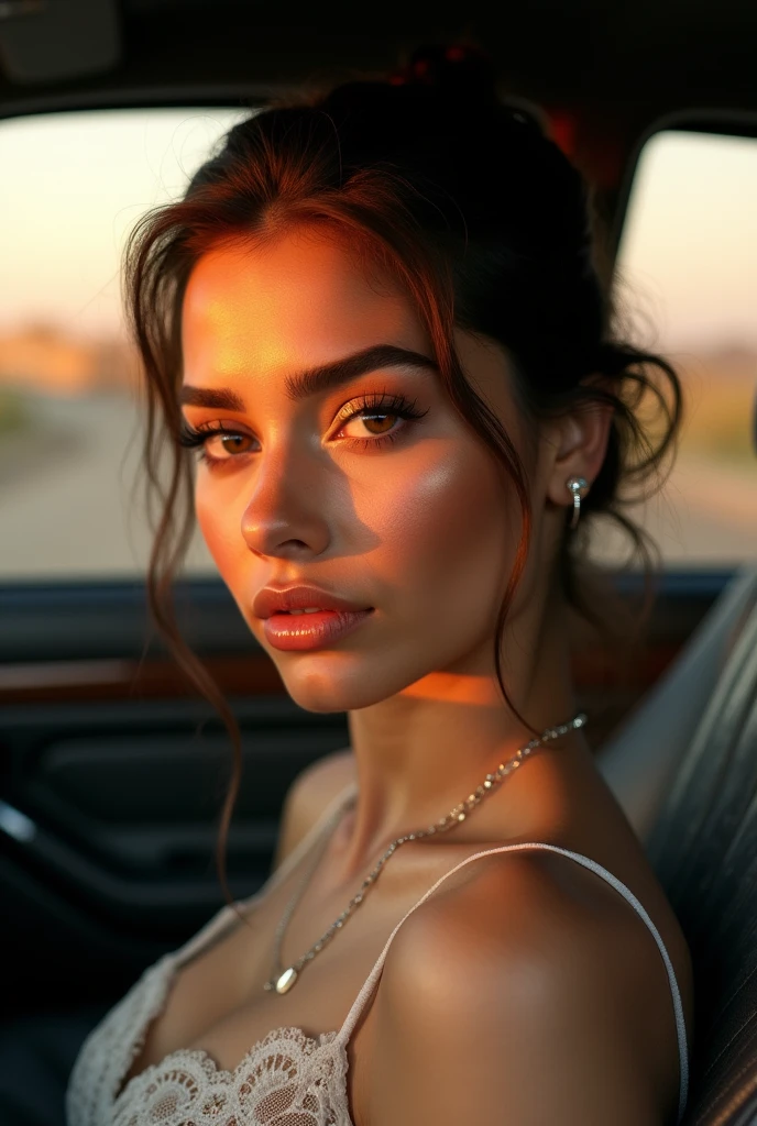 a beautiful mexican woman, detailed face, beautiful eyes, long eyelashes, detailed lips, elegant hairstyle, sitting in a car, detailed car interior, golden hour lighting, cinematic composition, warm color tones, photorealistic, masterpiece, 8k, ultra-detailed, professional photography