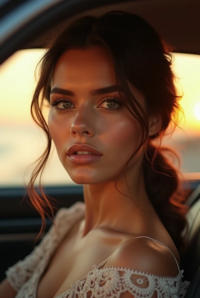 a beautiful mexican woman, detailed face, beautiful eyes, long eyelashes, detailed lips, elegant hairstyle, sitting in a car, detailed car interior, golden hour lighting, cinematic composition, warm color tones, photorealistic, masterpiece, 8k, ultra-detailed, professional photography