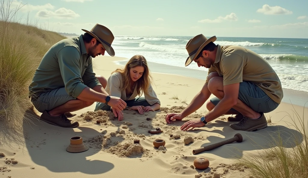 An archaeological dig on Hatteras Island uncovering European artifacts such as an English signet ring, pieces of pottery, and other tools, with researchers examining these findings.