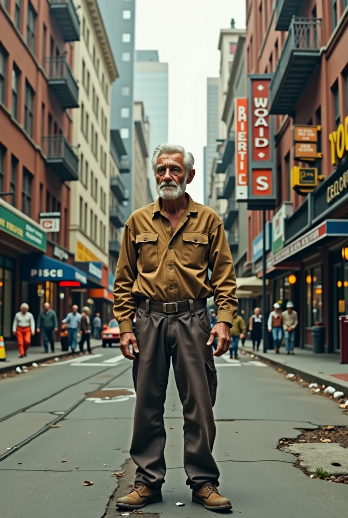 (photorealism:1.2), old man wearing worker clothes in downtown city from 1970 