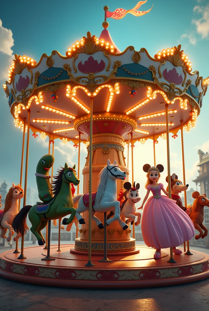 Magic Carousel, but all horses are different. They will be: one will be a surfer, another a cucumber, another will be Sonic, another will be a princess, the other will be Barbie, another will be Mickey Mouse and the other will be a giant talking Doritos